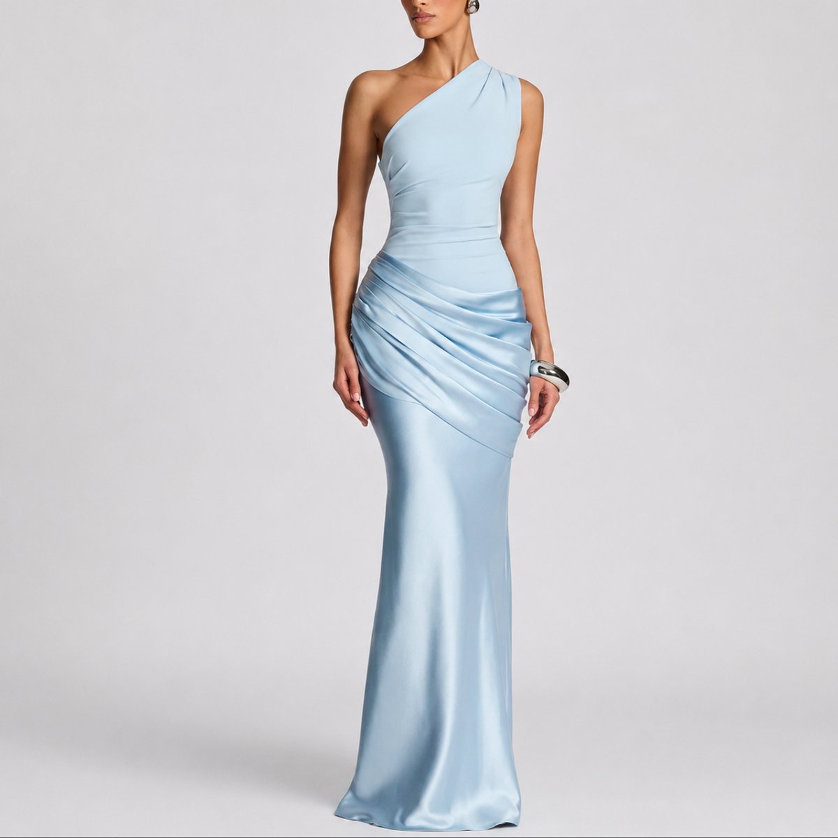 Sophia | Women's One-Shoulder Satin Draped Maxi Fall Wedding Guest Dress