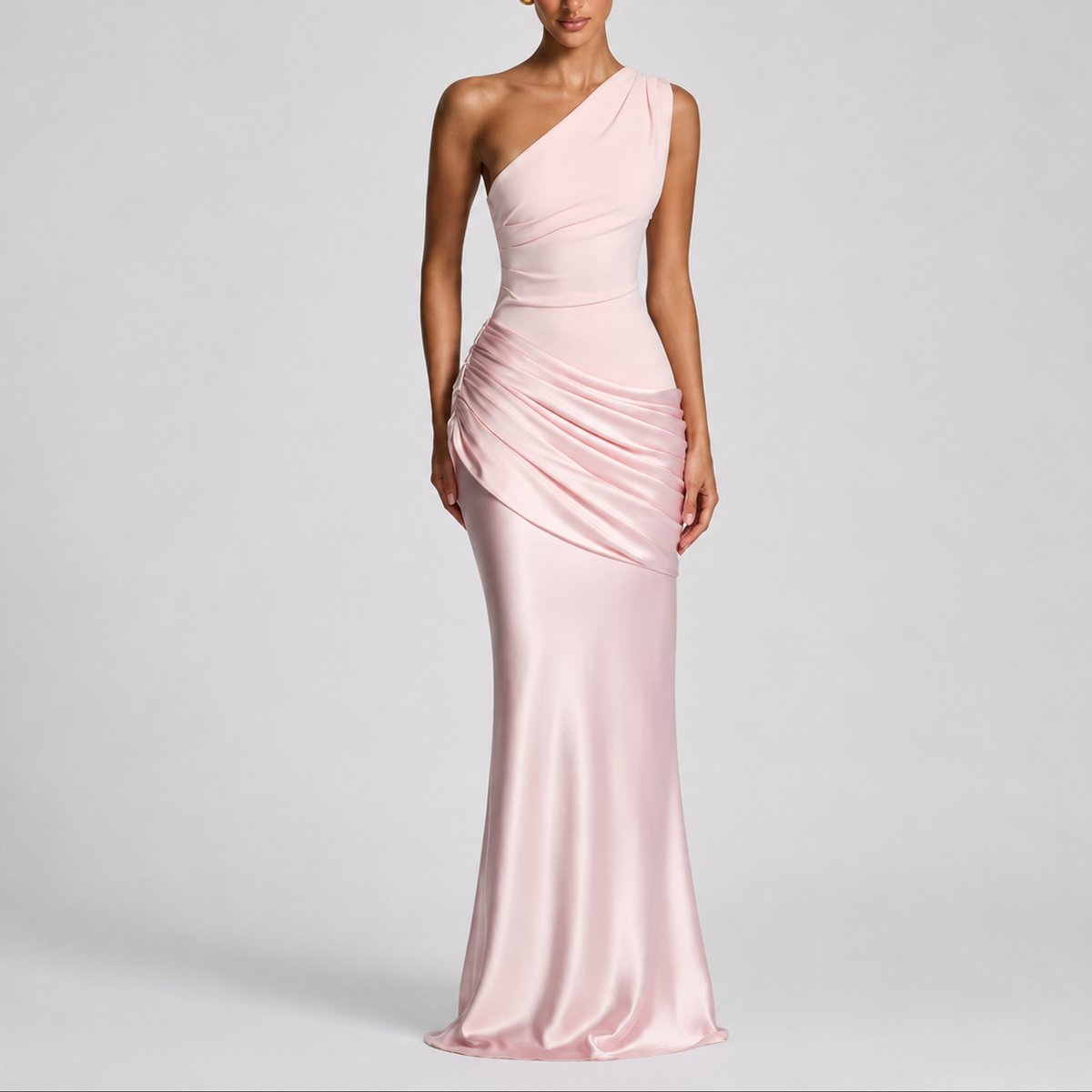 Sophia | Women's One-Shoulder Satin Draped Maxi Fall Wedding Guest Dress