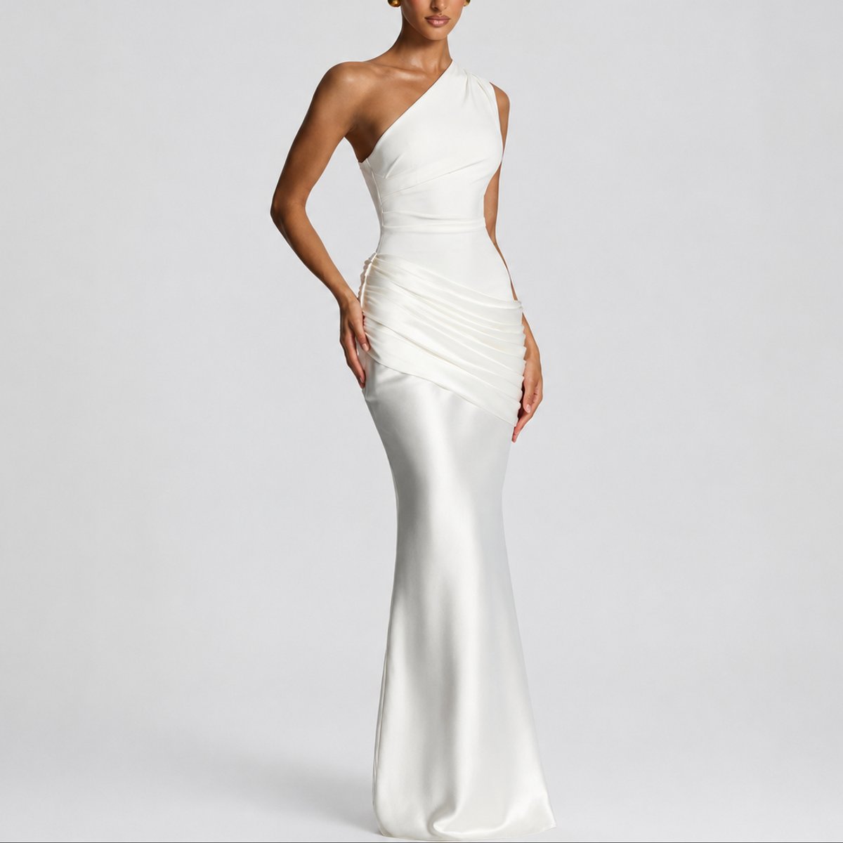 Sophia | Women's One-Shoulder Satin Draped Maxi Fall Wedding Guest Dress