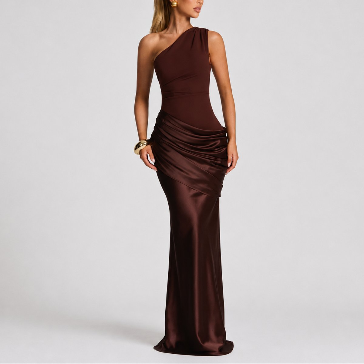 Sophia | Women's One-Shoulder Satin Draped Maxi Fall Wedding Guest Dress