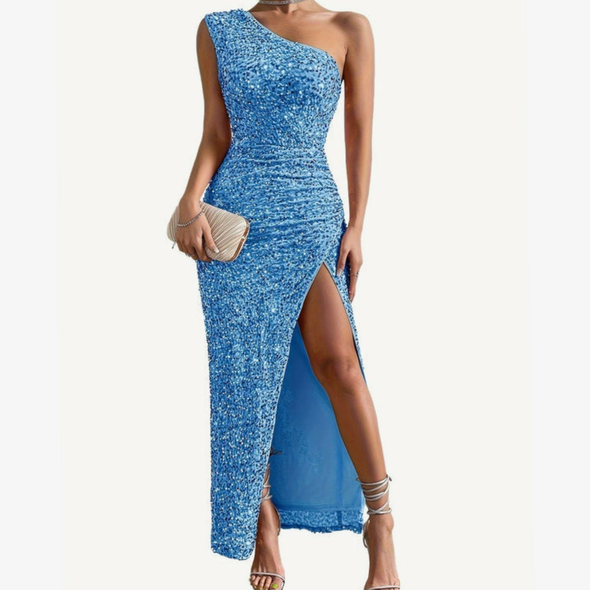 Eleanor | Women's One-Shoulder Sequin Bodycon Maxi Dress High Slit