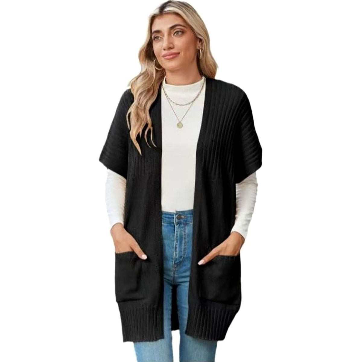 Layla | Women's Open-Front Short-Sleeve Knit Cardigan with Pockets