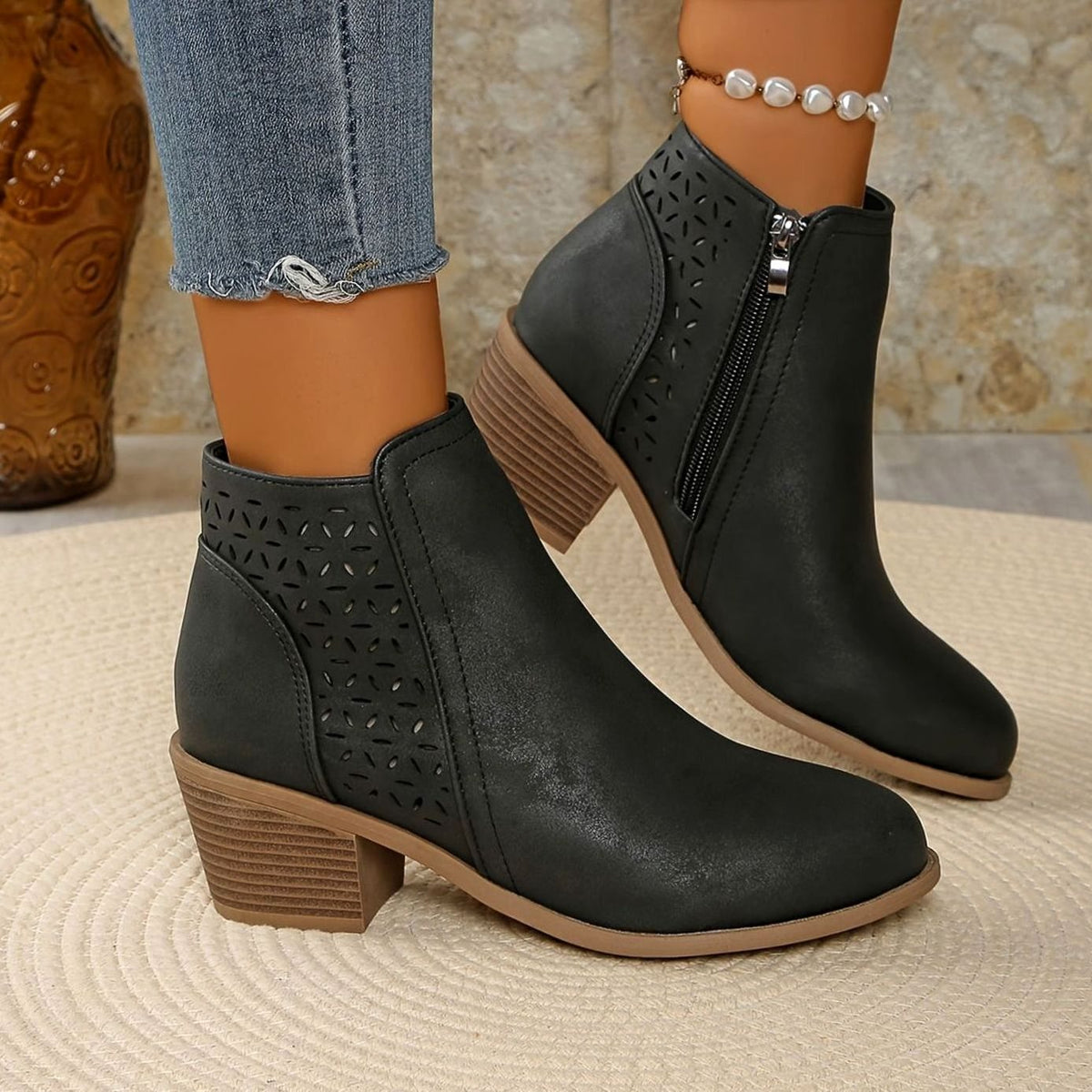 Sophia | Women's Orthopedic Ankle Boots Laser-Cut Stacked-Heel Side-Zip Booties