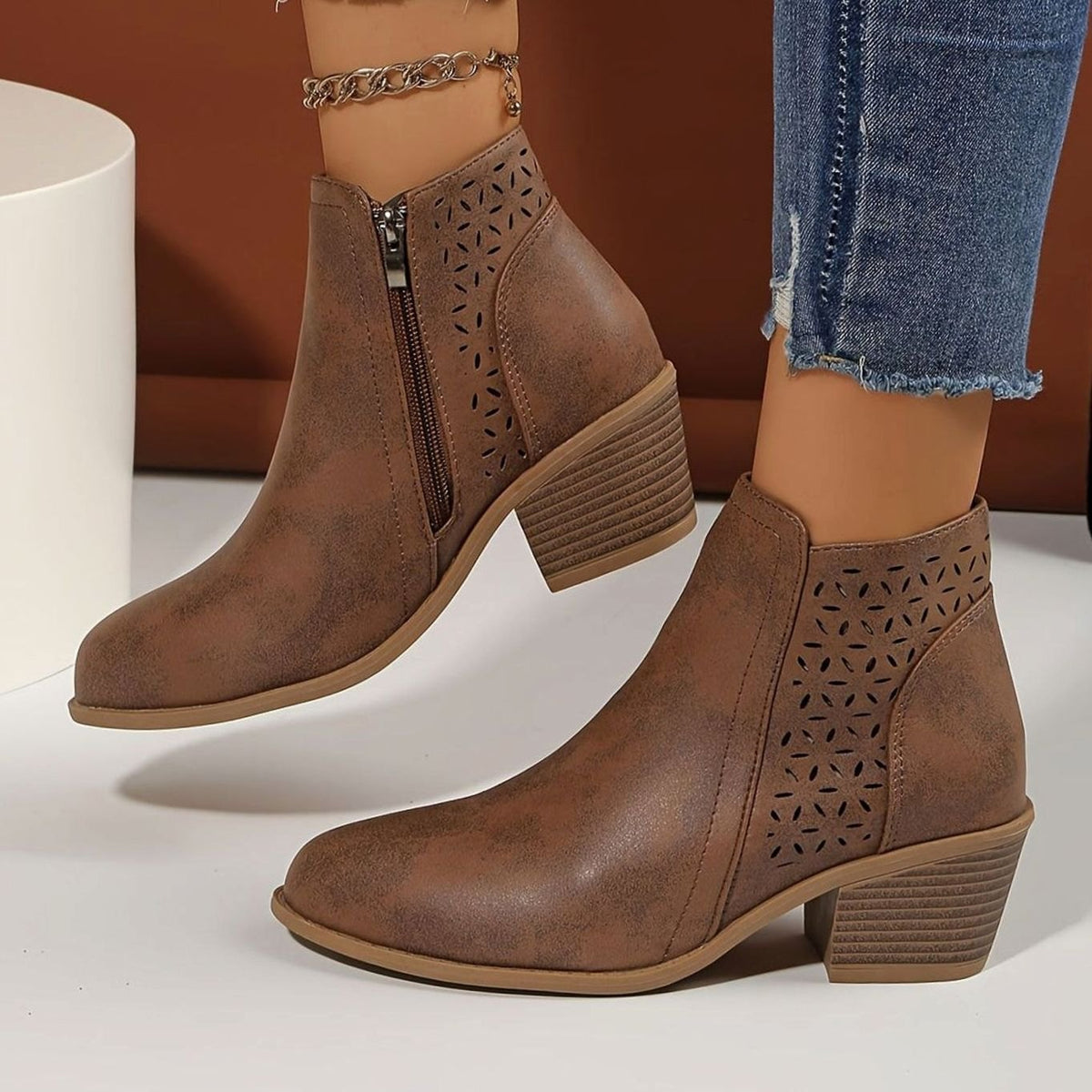 Sophia | Women's Orthopedic Ankle Boots Laser-Cut Stacked-Heel Side-Zip Booties