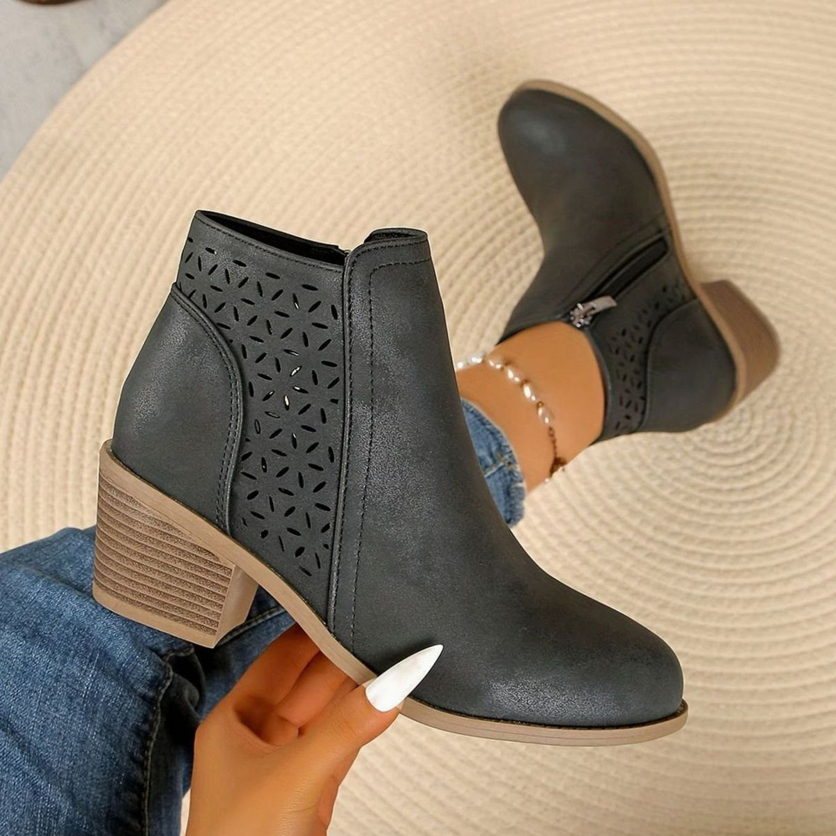 Sophia | Women's Orthopedic Ankle Boots Laser-Cut Stacked-Heel Side-Zip Booties