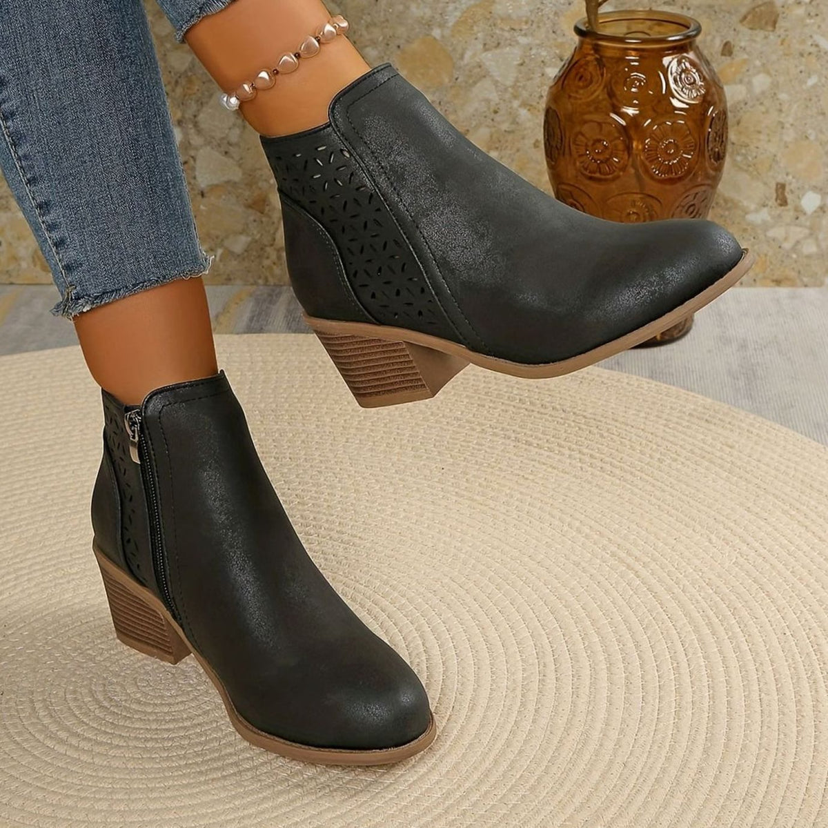 Sophia | Women's Orthopedic Ankle Boots Laser-Cut Stacked-Heel Side-Zip Booties