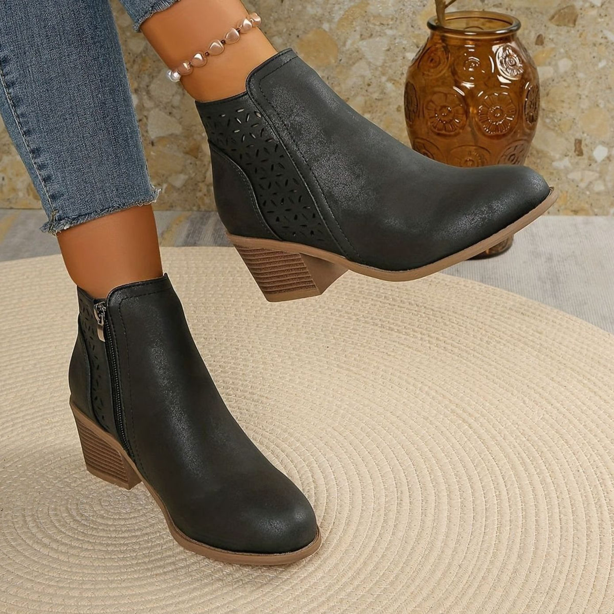 Sophia | Women's Orthopedic Ankle Boots Laser-Cut Stacked-Heel Side-Zip Booties