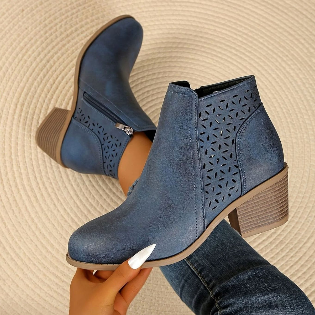 Sophia | Women's Orthopedic Ankle Boots Laser-Cut Stacked-Heel Side-Zip Booties