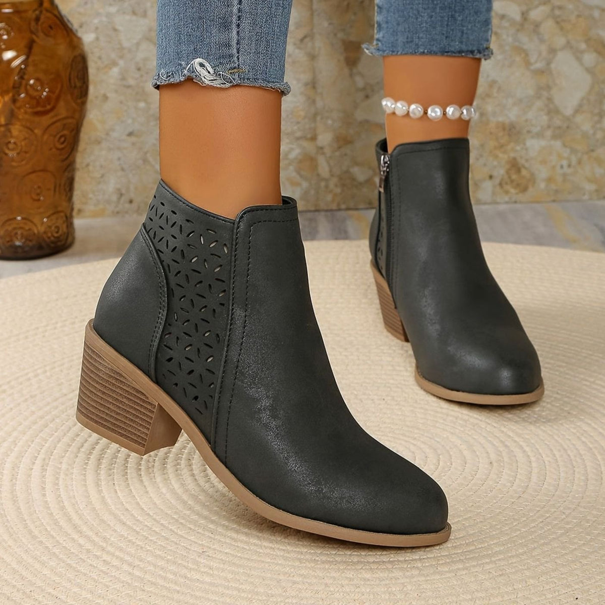 Sophia | Women's Orthopedic Ankle Boots Laser-Cut Stacked-Heel Side-Zip Booties