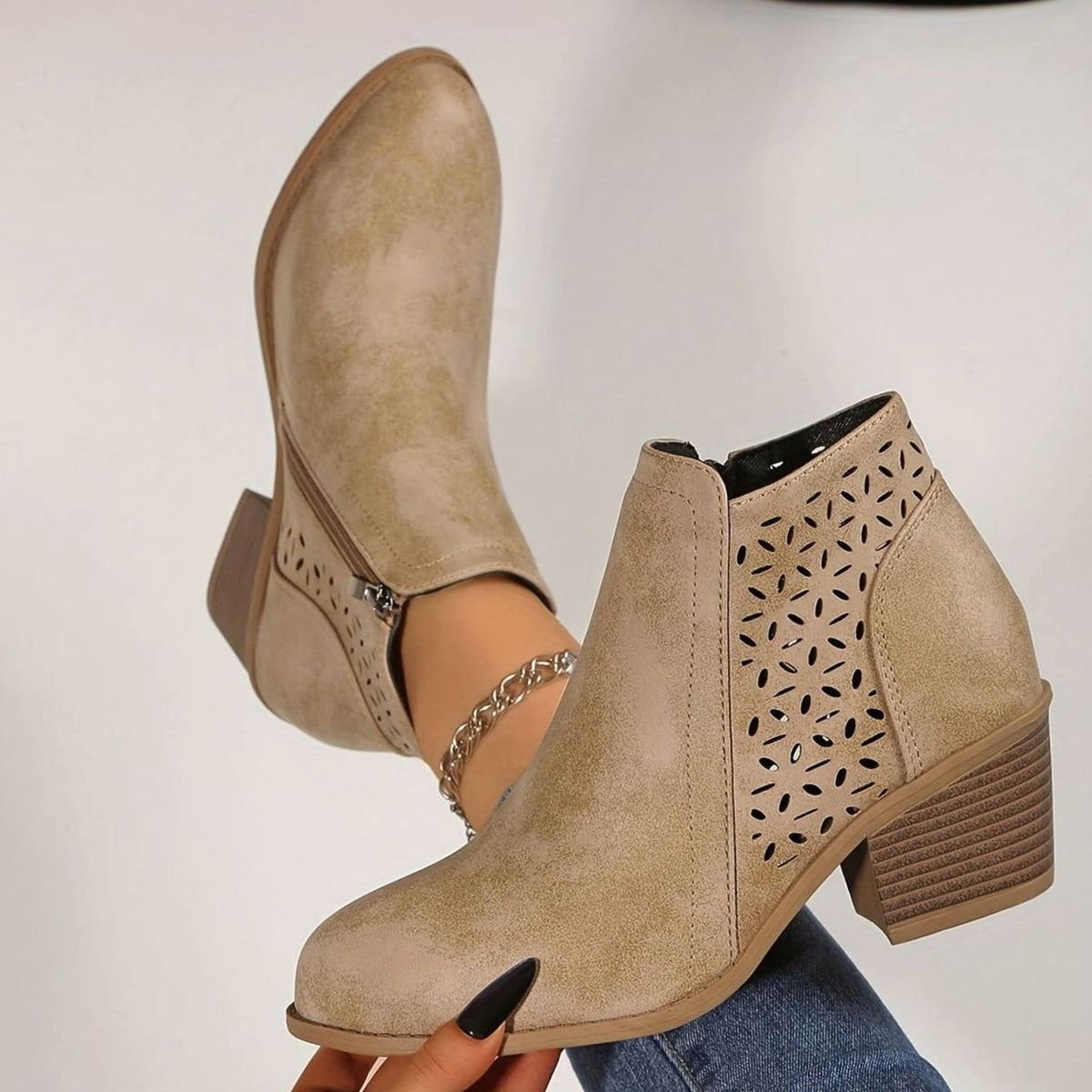 Sophia | Women's Orthopedic Ankle Boots Laser-Cut Stacked-Heel Side-Zip Booties