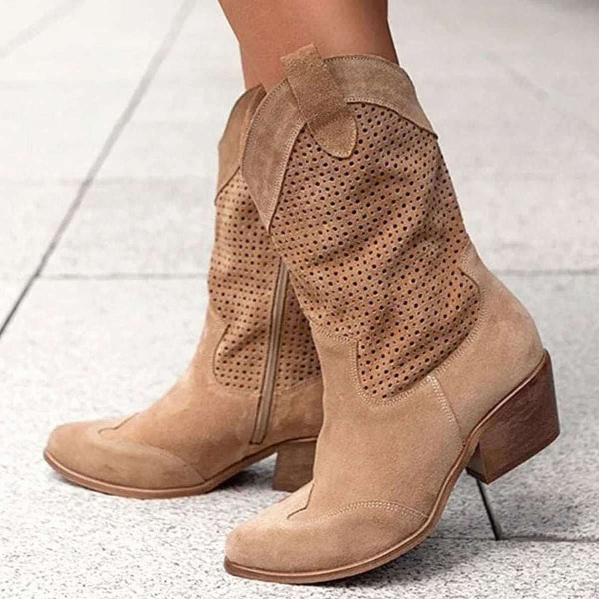 Harper | Women's Orthopedic Western Cowboy Perforated Suede Mid-Calf Boots