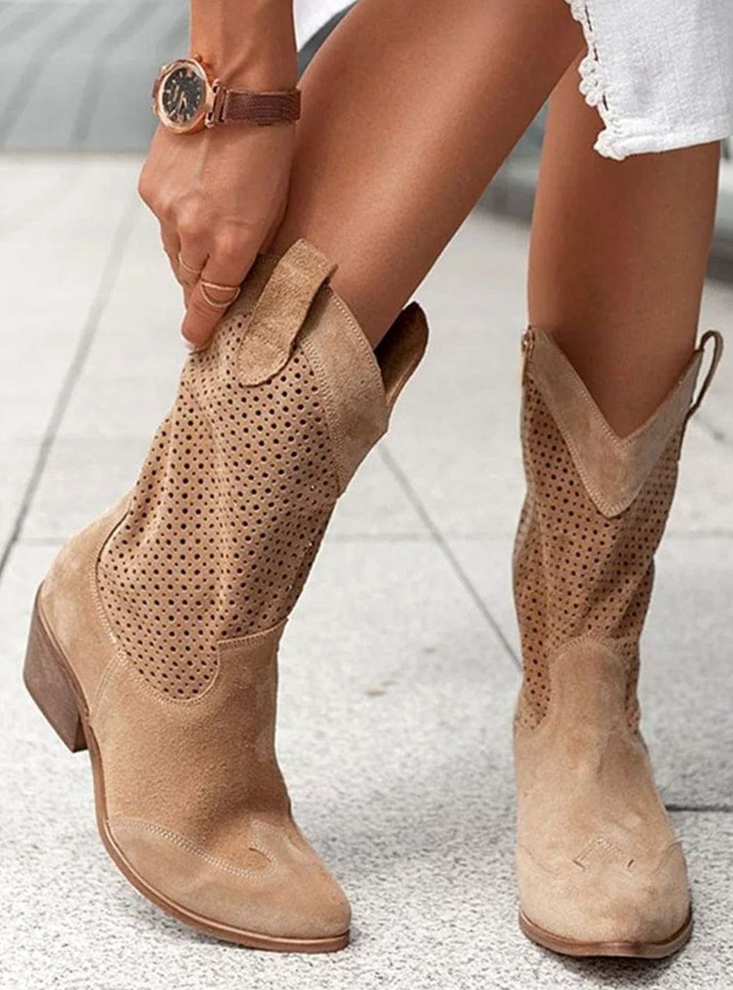 Harper | Women's Orthopedic Western Cowboy Perforated Suede Mid-Calf Boots