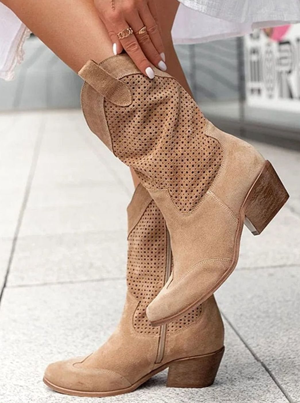 Harper | Women's Orthopedic Western Cowboy Perforated Suede Mid-Calf Boots