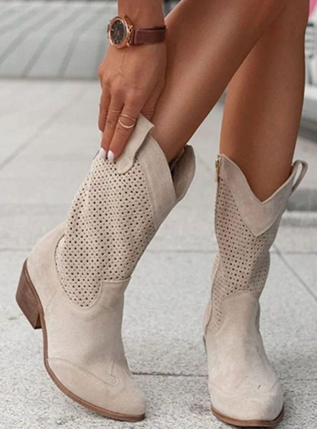 Harper | Women's Orthopedic Western Cowboy Perforated Suede Mid-Calf Boots