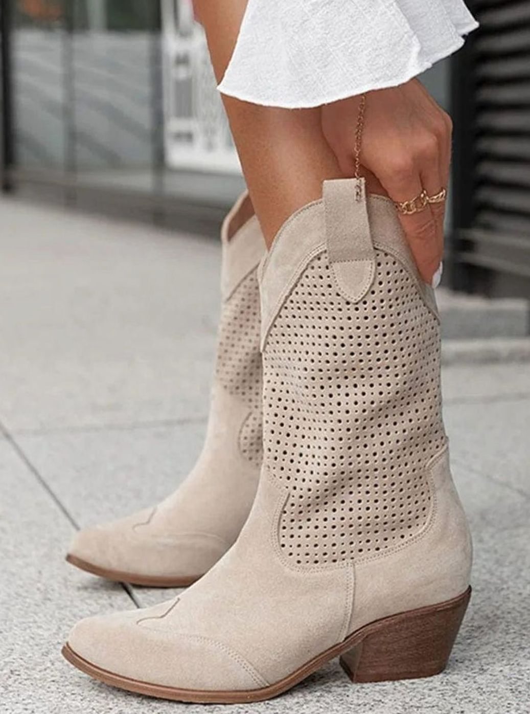Harper | Women's Orthopedic Western Cowboy Perforated Suede Mid-Calf Boots
