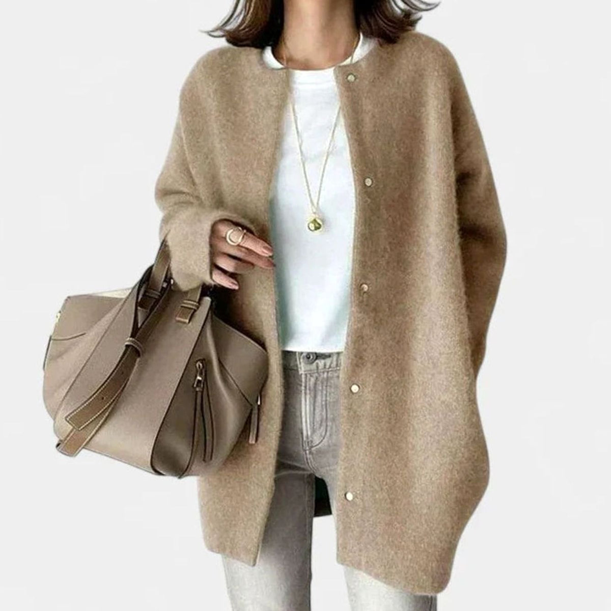 Victoria | Women's Oversized Button-Front Knit Cardigan Sweater, Taupe
