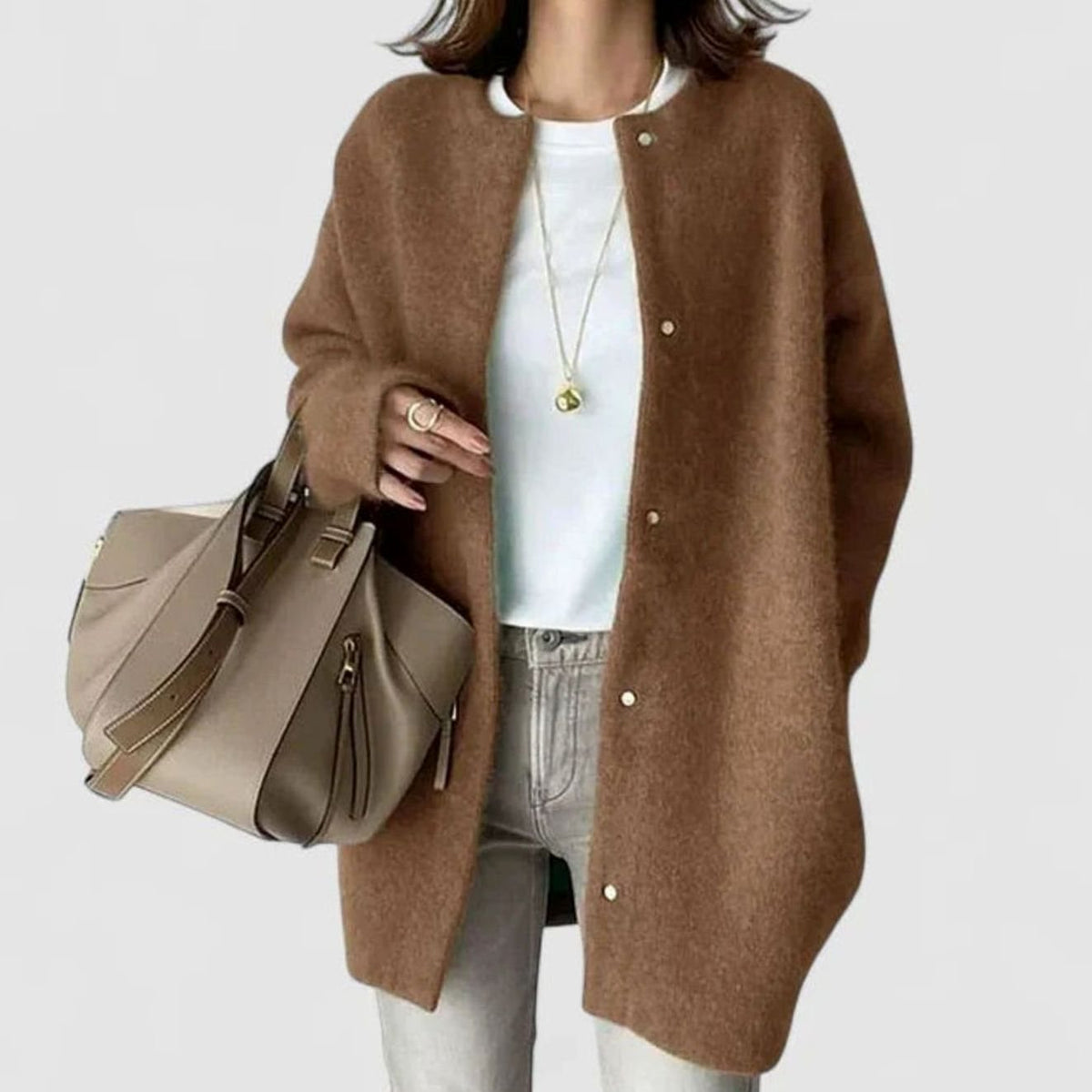 Victoria | Women's Oversized Button-Front Knit Cardigan Sweater, Taupe