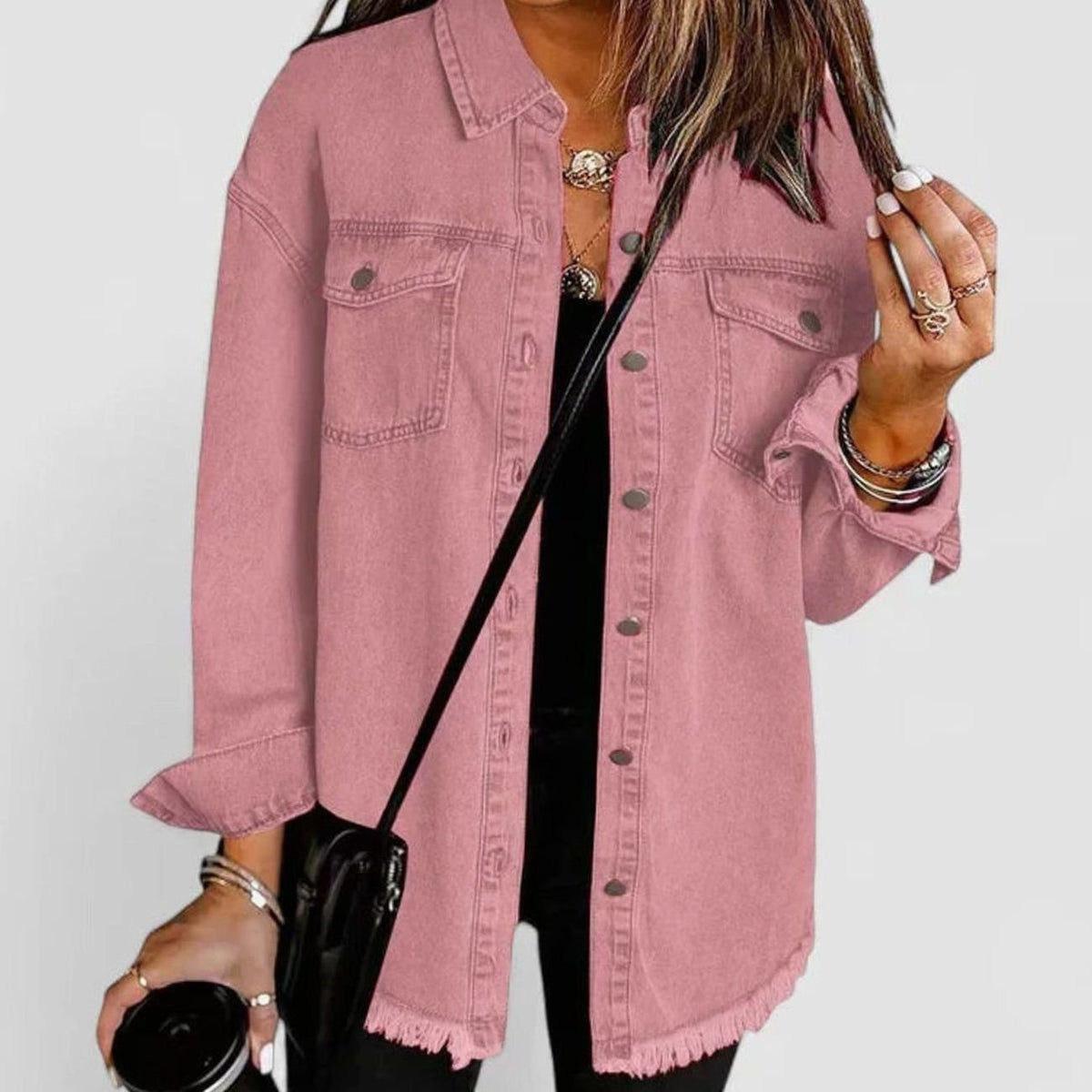 Harper | Women's Oversized Button-Up Frayed-Hem Denim Jacket