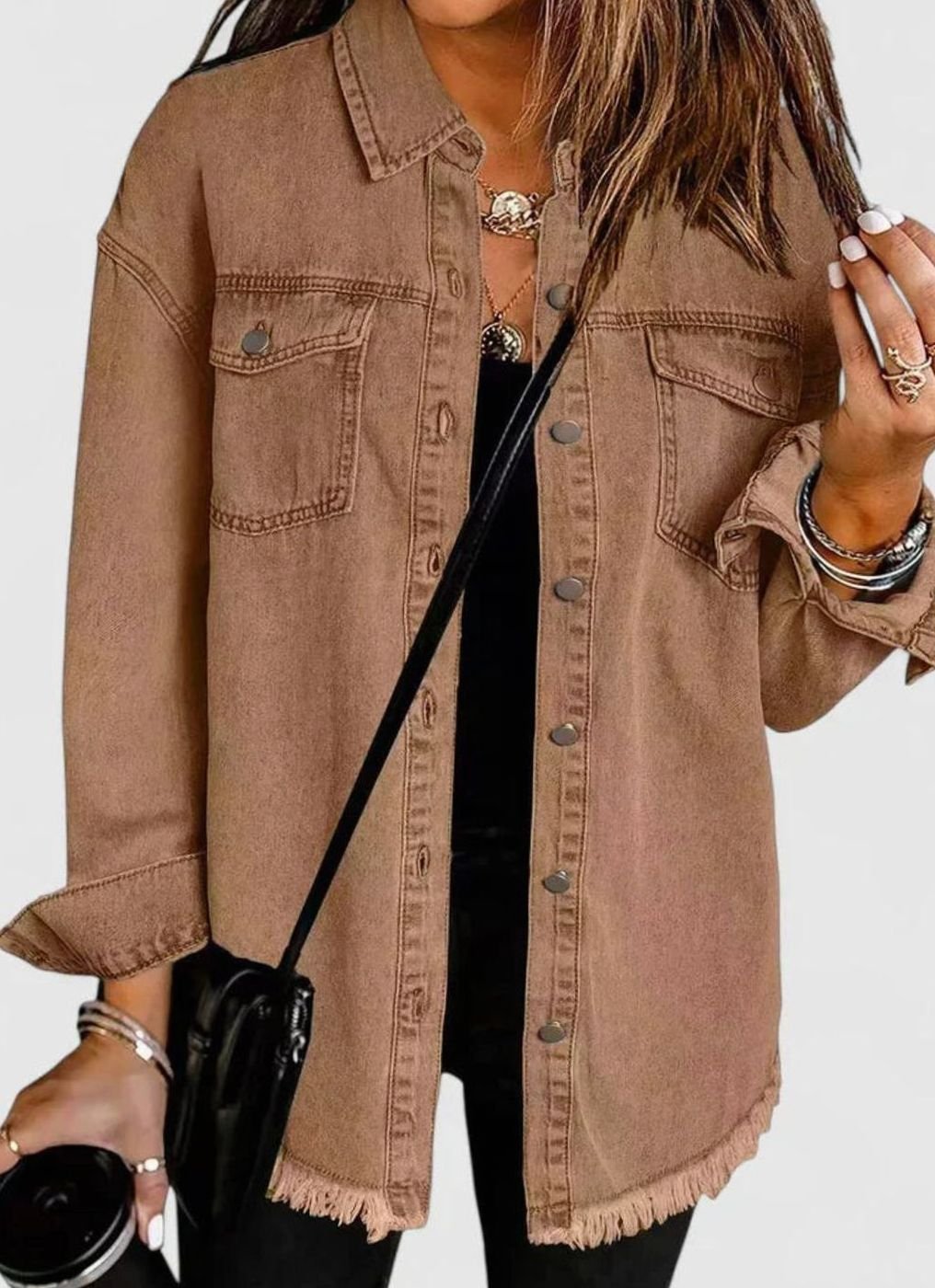 Harper | Women's Oversized Button-Up Frayed-Hem Denim Jacket