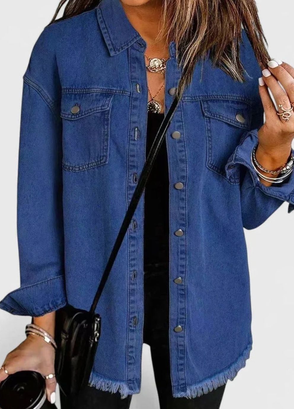 Harper | Women's Oversized Button-Up Frayed-Hem Denim Jacket