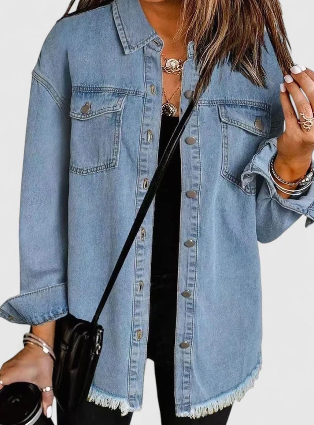 Harper | Women's Oversized Button-Up Frayed-Hem Denim Jacket