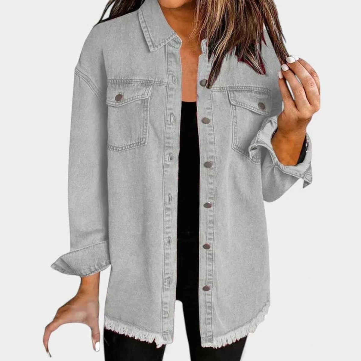 Harper | Women's Oversized Button-Up Frayed-Hem Denim Jacket