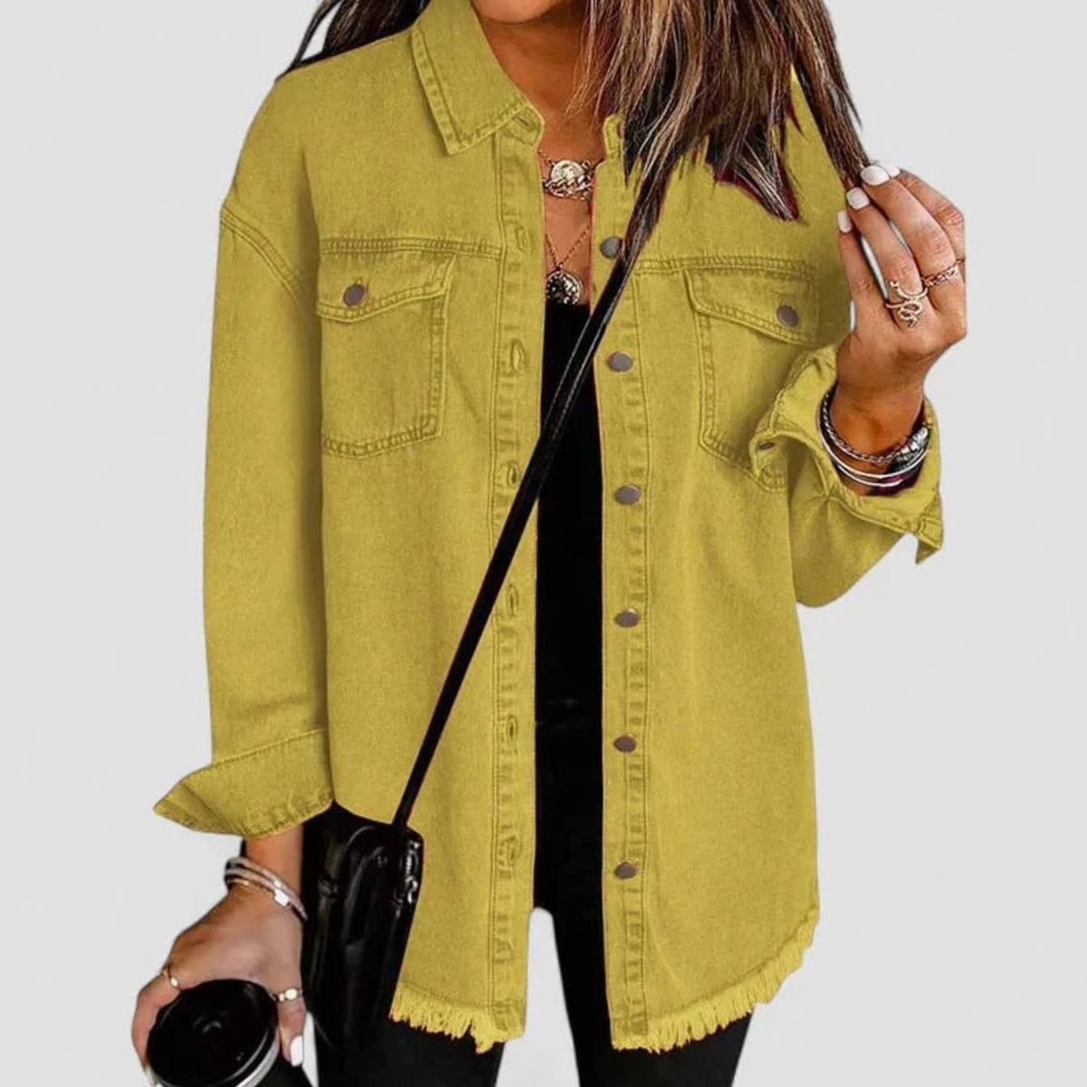 Harper | Women's Oversized Button-Up Frayed-Hem Denim Jacket