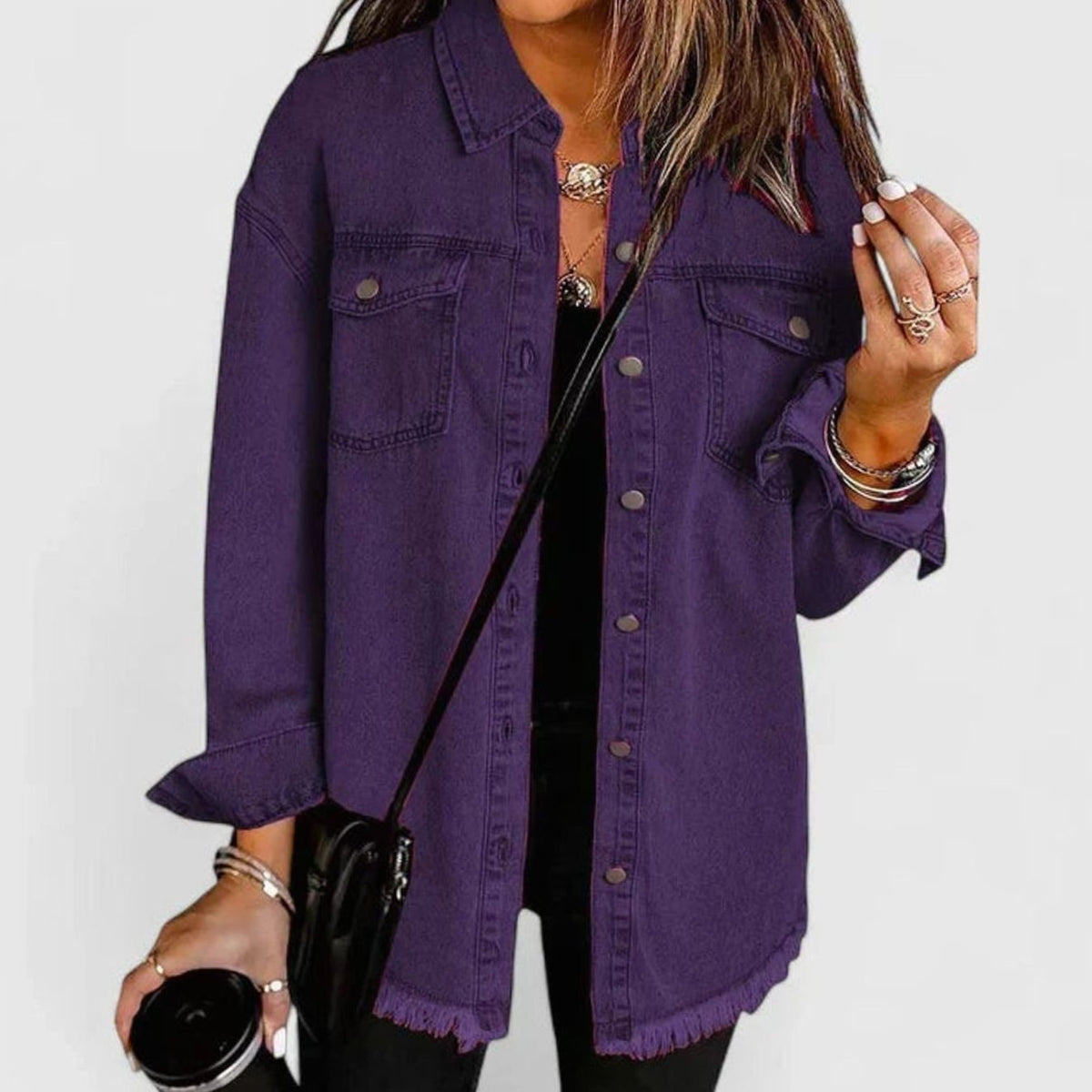 Harper | Women's Oversized Button-Up Frayed-Hem Denim Jacket