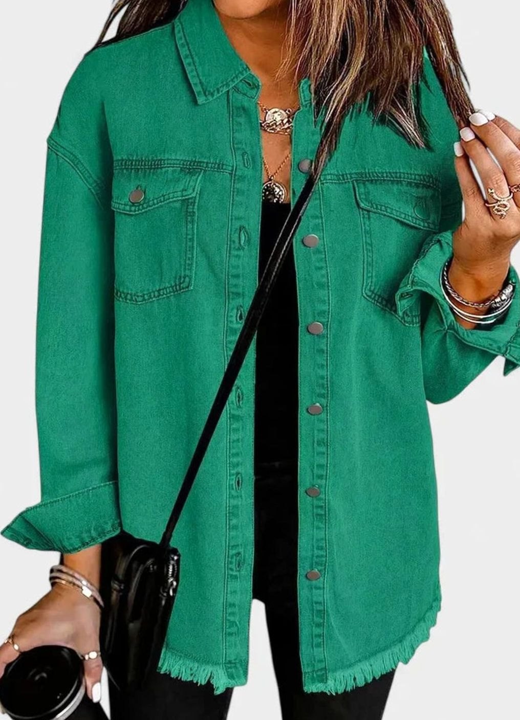 Harper | Women's Oversized Button-Up Frayed-Hem Denim Jacket