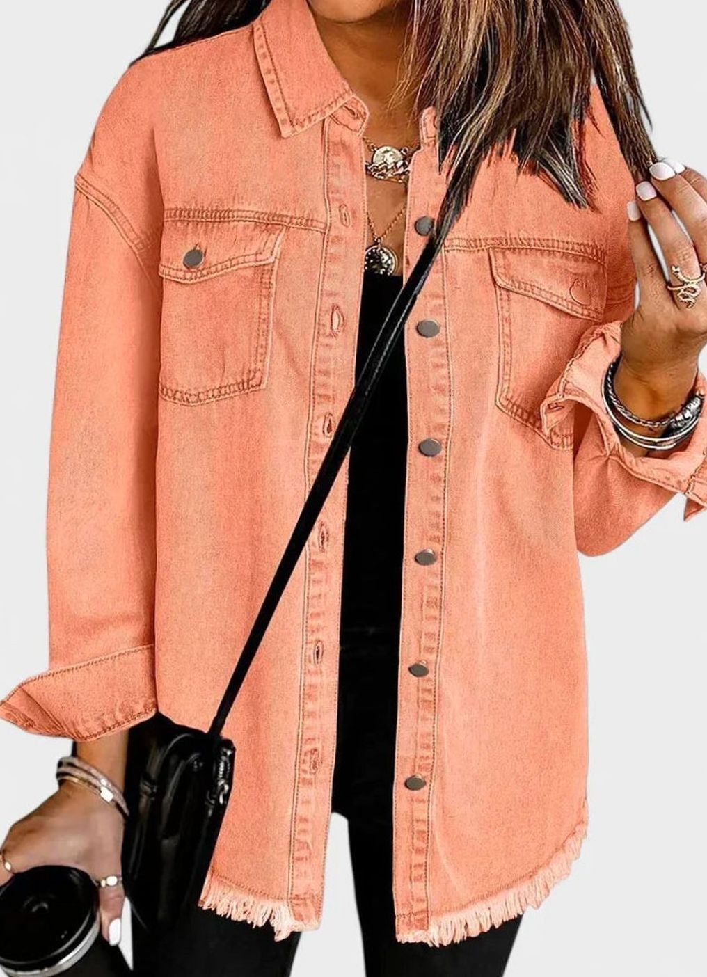 Harper | Women's Oversized Button-Up Frayed-Hem Denim Jacket