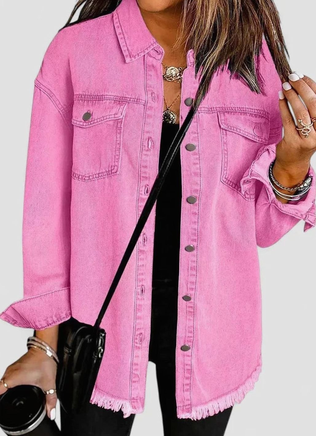 Harper | Women's Oversized Button-Up Frayed-Hem Denim Jacket