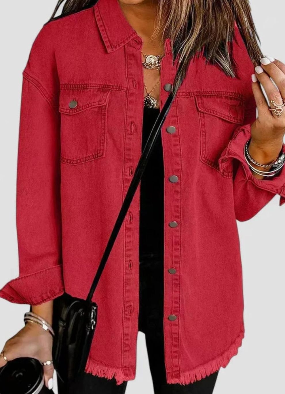 Harper | Women's Oversized Button-Up Frayed-Hem Denim Jacket