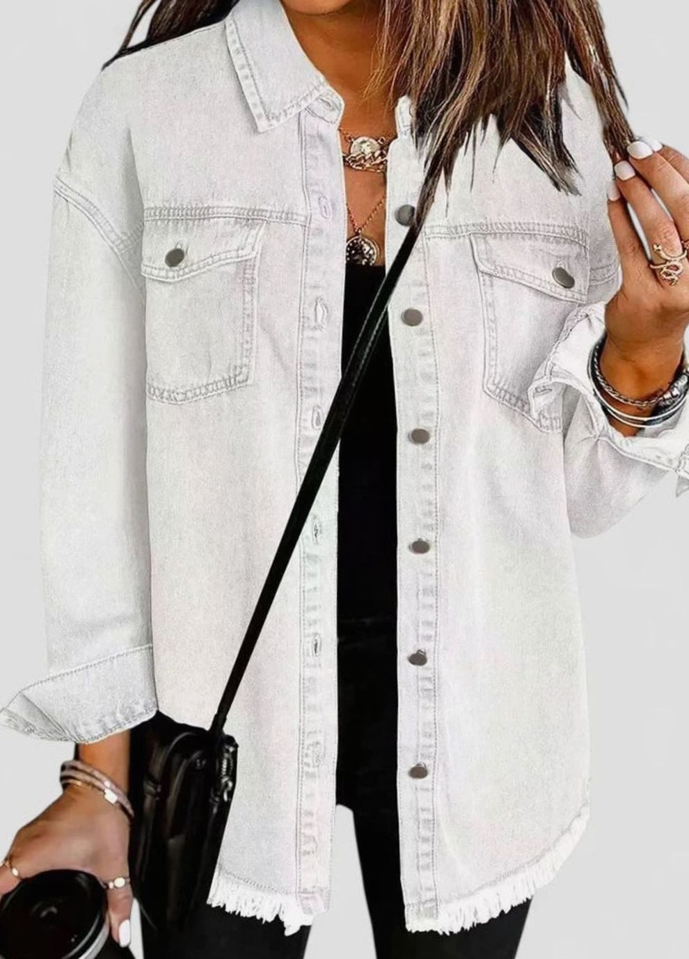Harper | Women's Oversized Button-Up Frayed-Hem Denim Jacket
