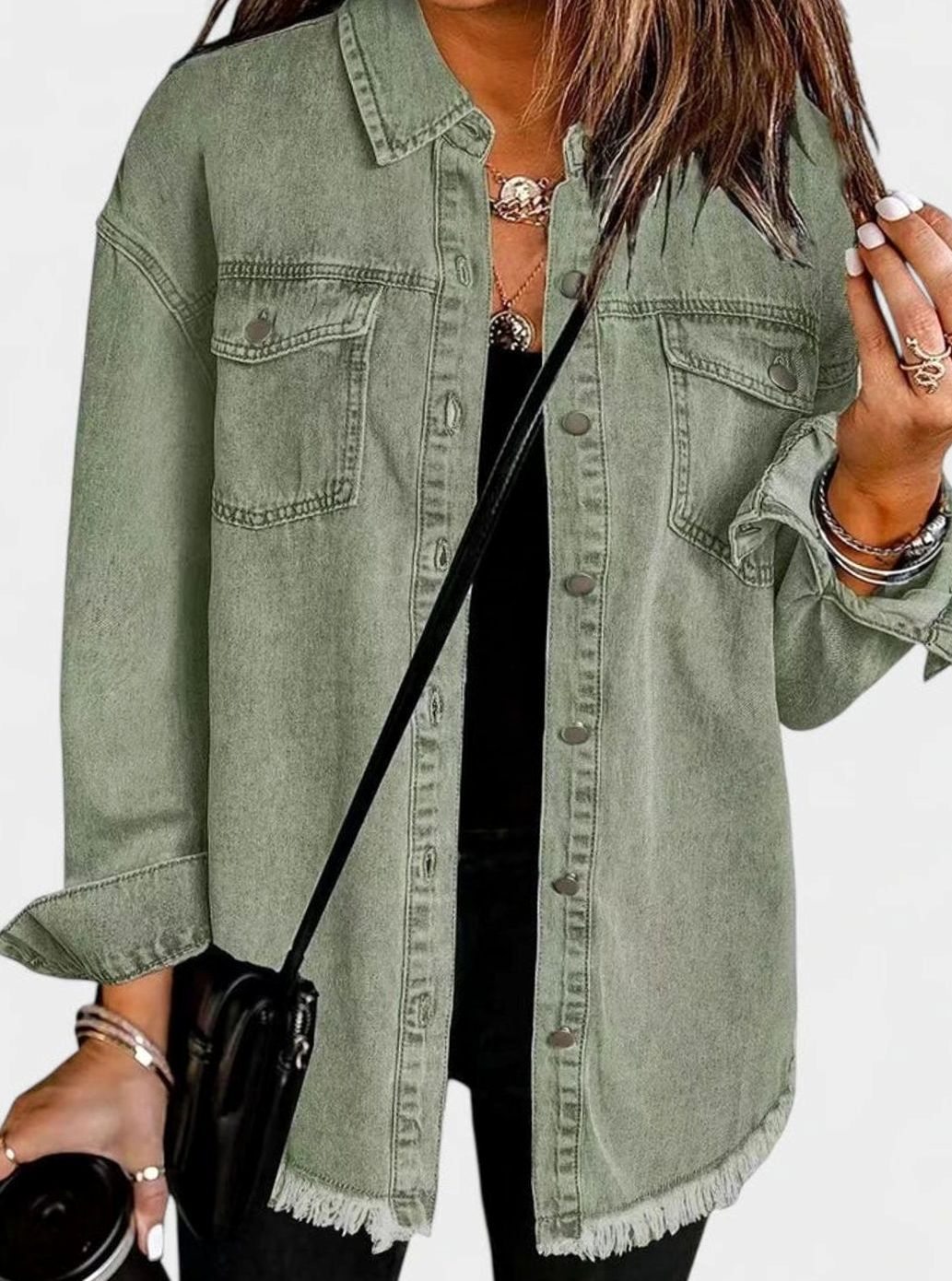 Harper | Women's Oversized Button-Up Frayed-Hem Denim Jacket