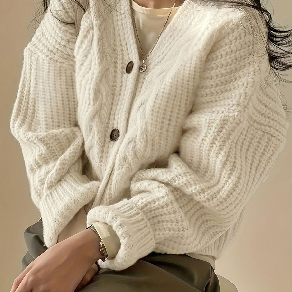 Isabella | Women's Oversized Cable-Knit Button-Front Cardigan Sweater