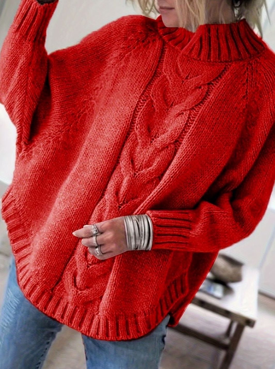 Camila | Women's Oversized Cable Knit High-Neck Pullover Sweater