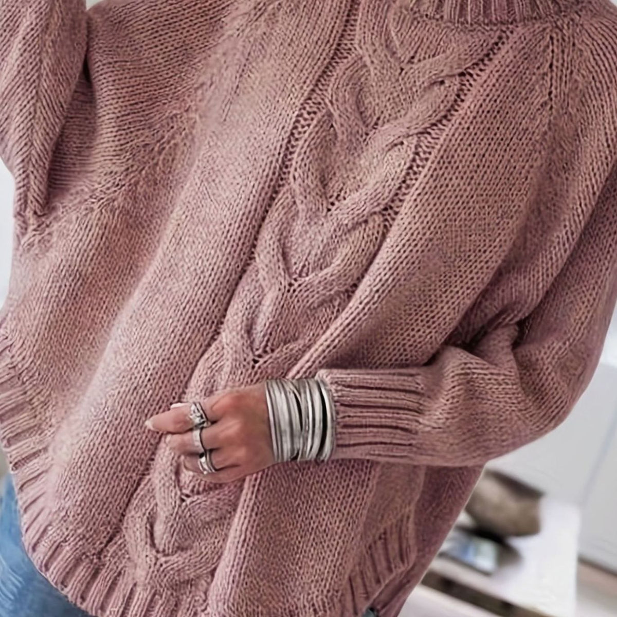 Camila | Women's Oversized Cable Knit High-Neck Pullover Sweater