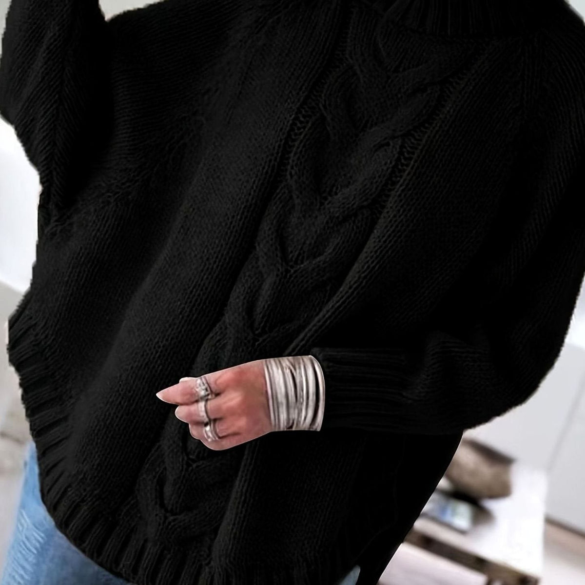 Camila | Women's Oversized Cable Knit High-Neck Pullover Sweater
