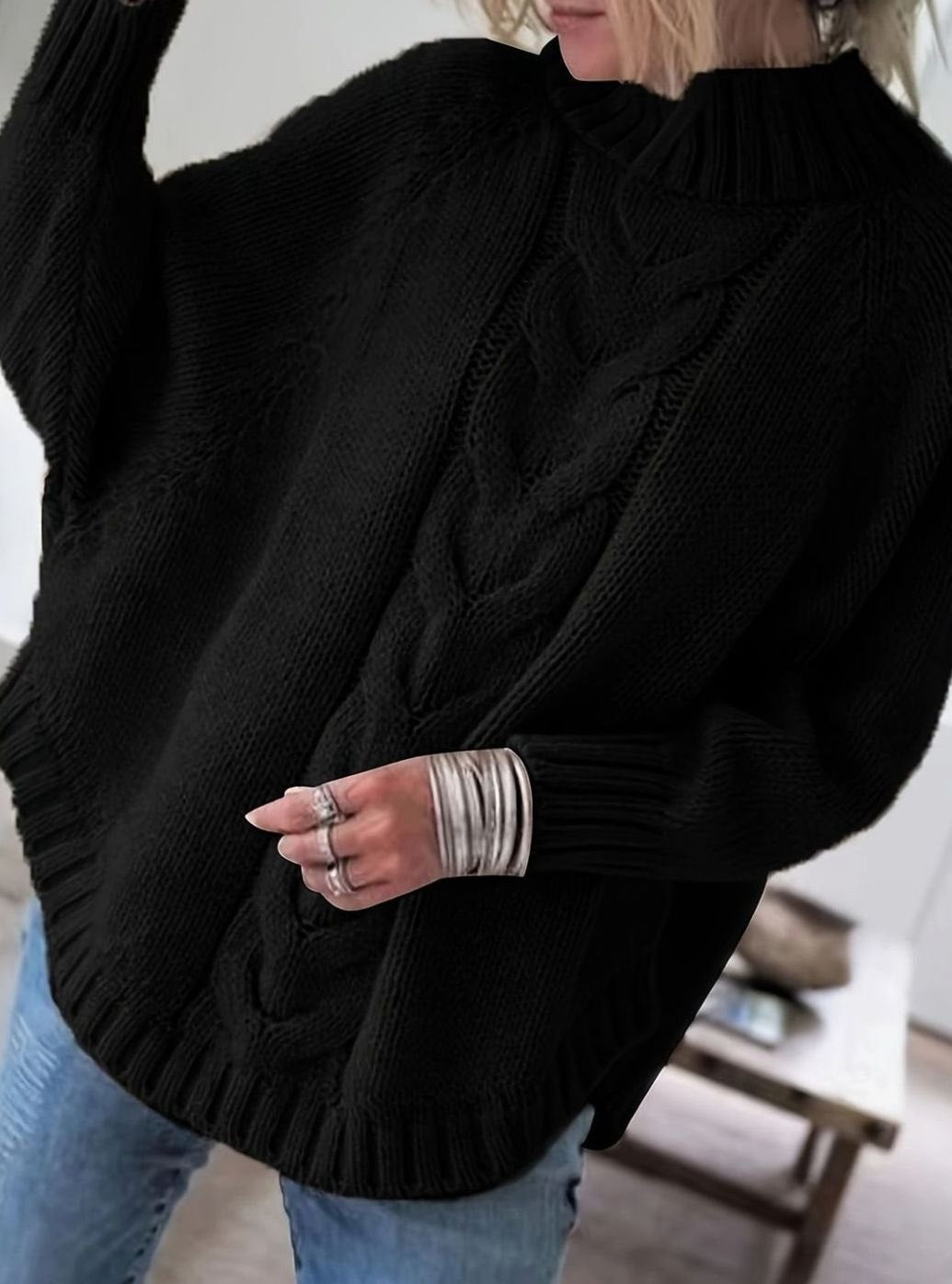 Camila | Women's Oversized Cable Knit High-Neck Pullover Sweater