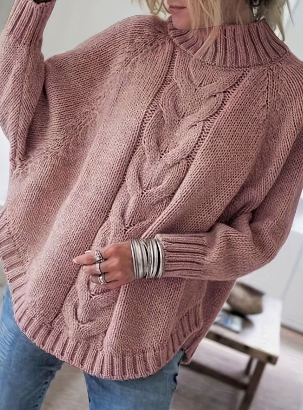 Camila | Women's Oversized Cable Knit High-Neck Pullover Sweater