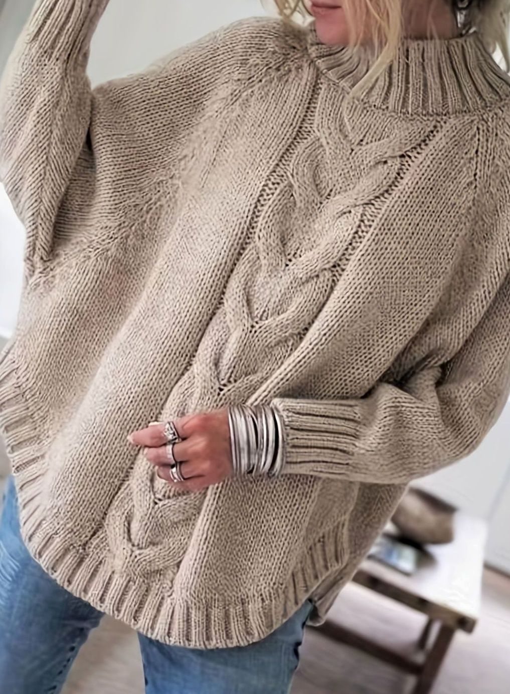 Camila | Women's Oversized Cable Knit High-Neck Pullover Sweater