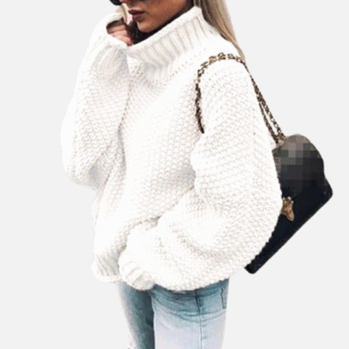 Amelia | Women's Oversized Chunky Knit Turtleneck Sweater, White
