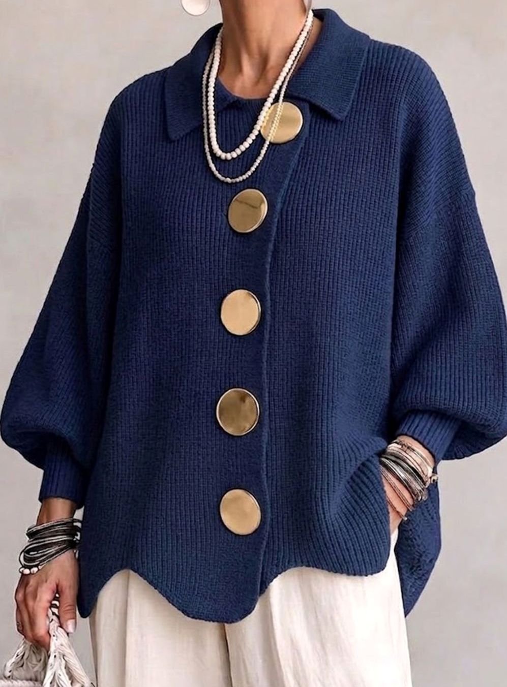 Scarlett | Women's Oversized Knit Cardigan Gold-Button Lantern-Sleeve Sweater