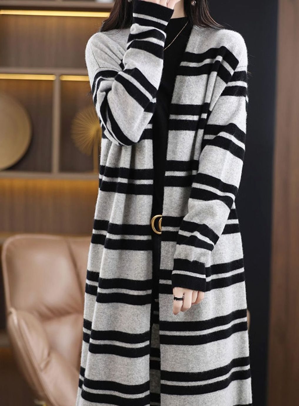 Mia | Women's Oversized Long Open-Front Striped Knit Cardigan