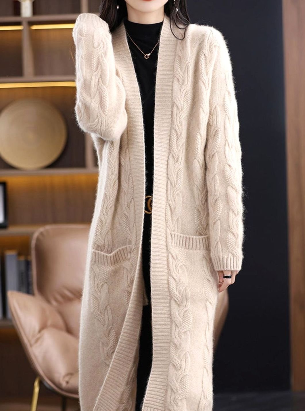 Mia | Women's Oversized Long Open-Front Striped Knit Cardigan