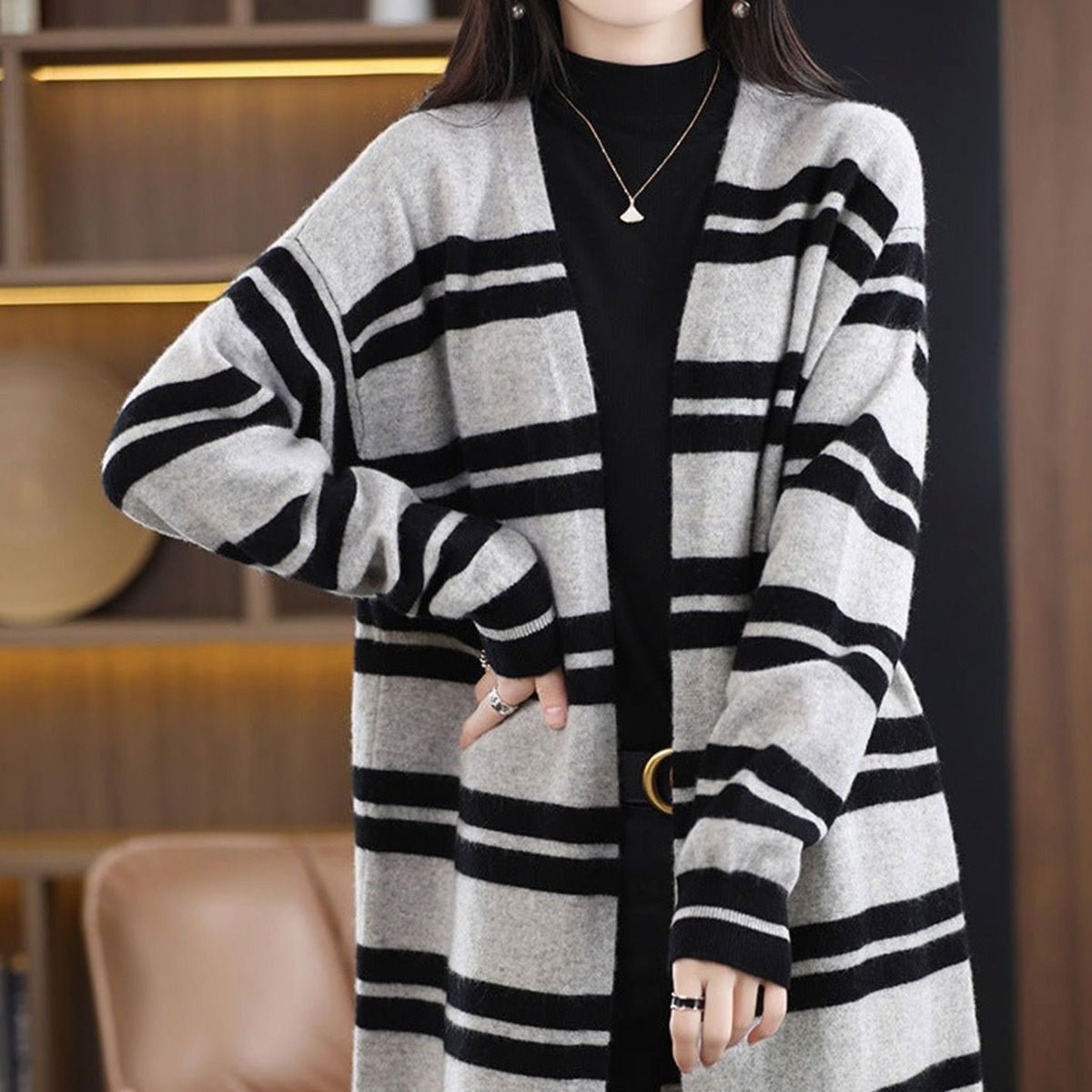 Mia | Women's Oversized Long Open-Front Striped Knit Cardigan