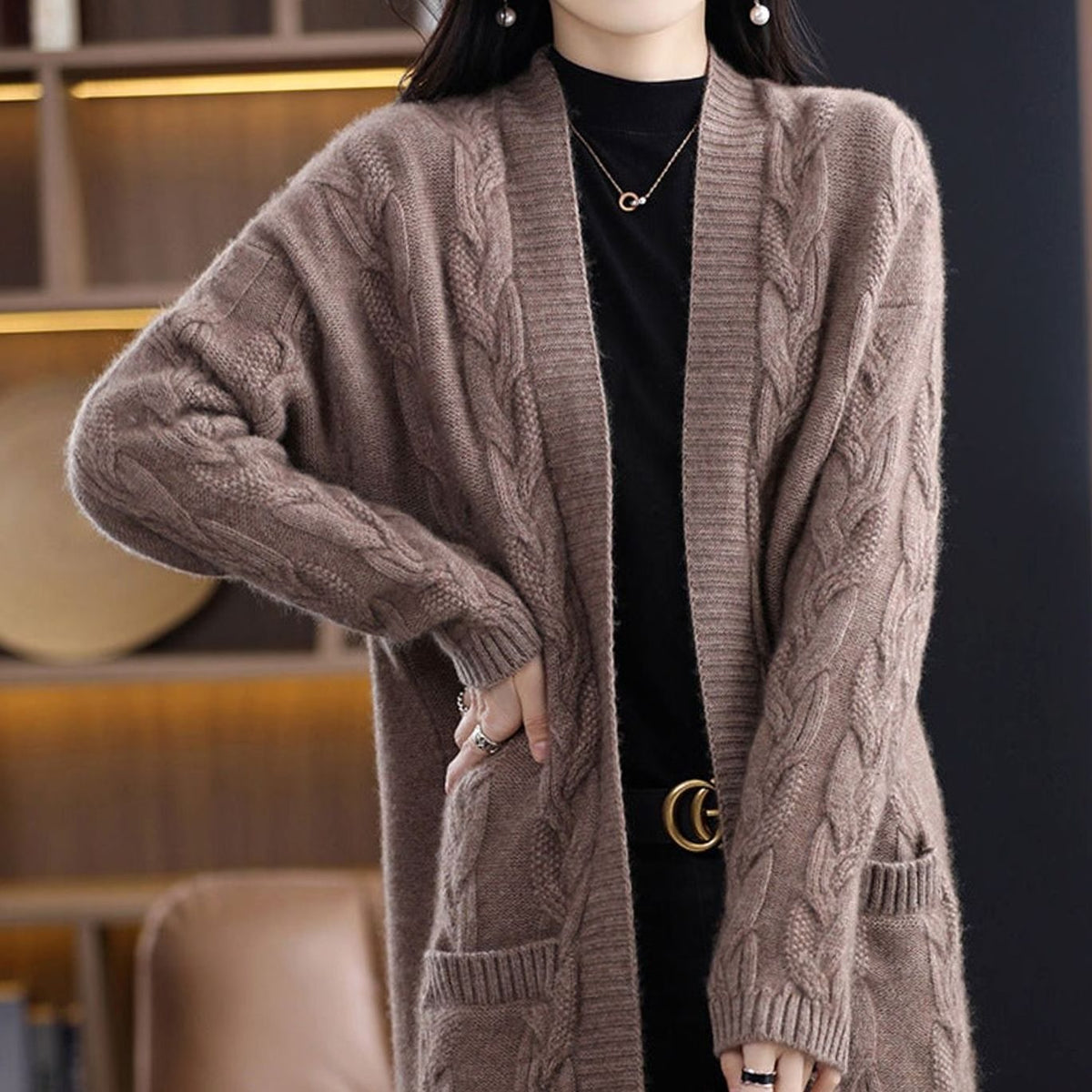 Mia | Women's Oversized Long Open-Front Striped Knit Cardigan