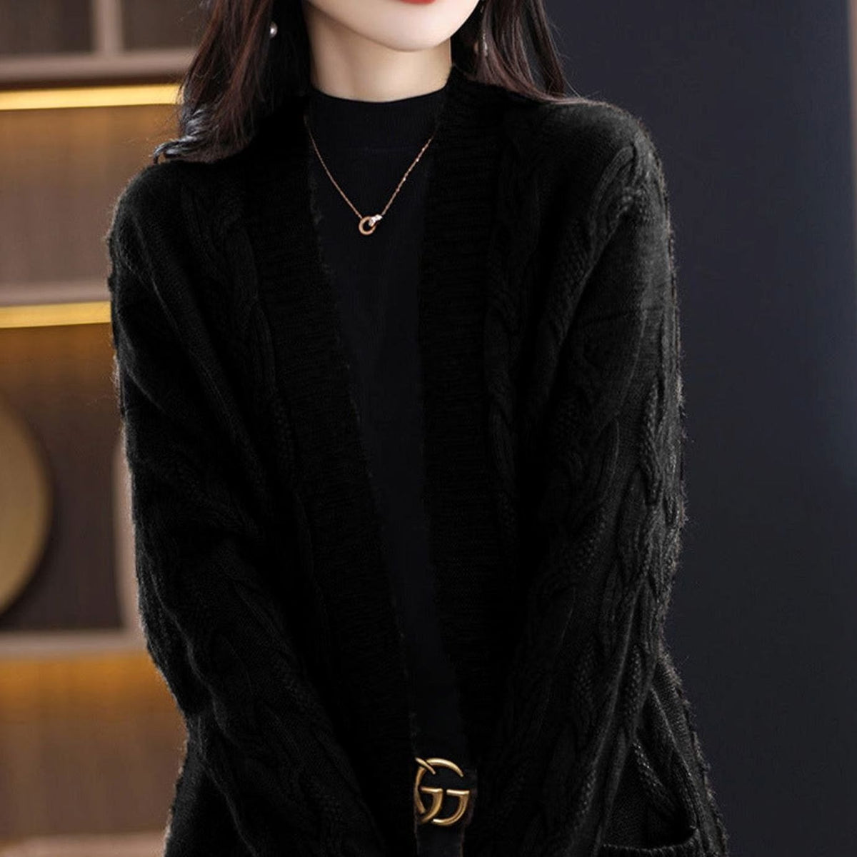 Mia | Women's Oversized Long Open-Front Striped Knit Cardigan