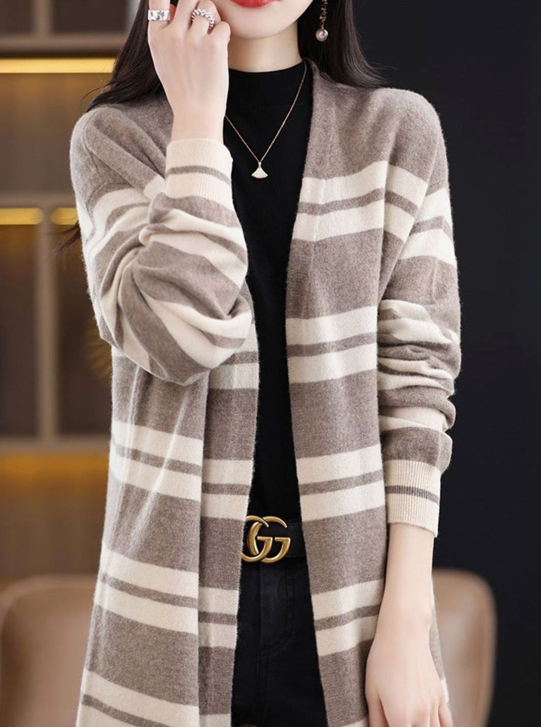 Mia | Women's Oversized Long Open-Front Striped Knit Cardigan