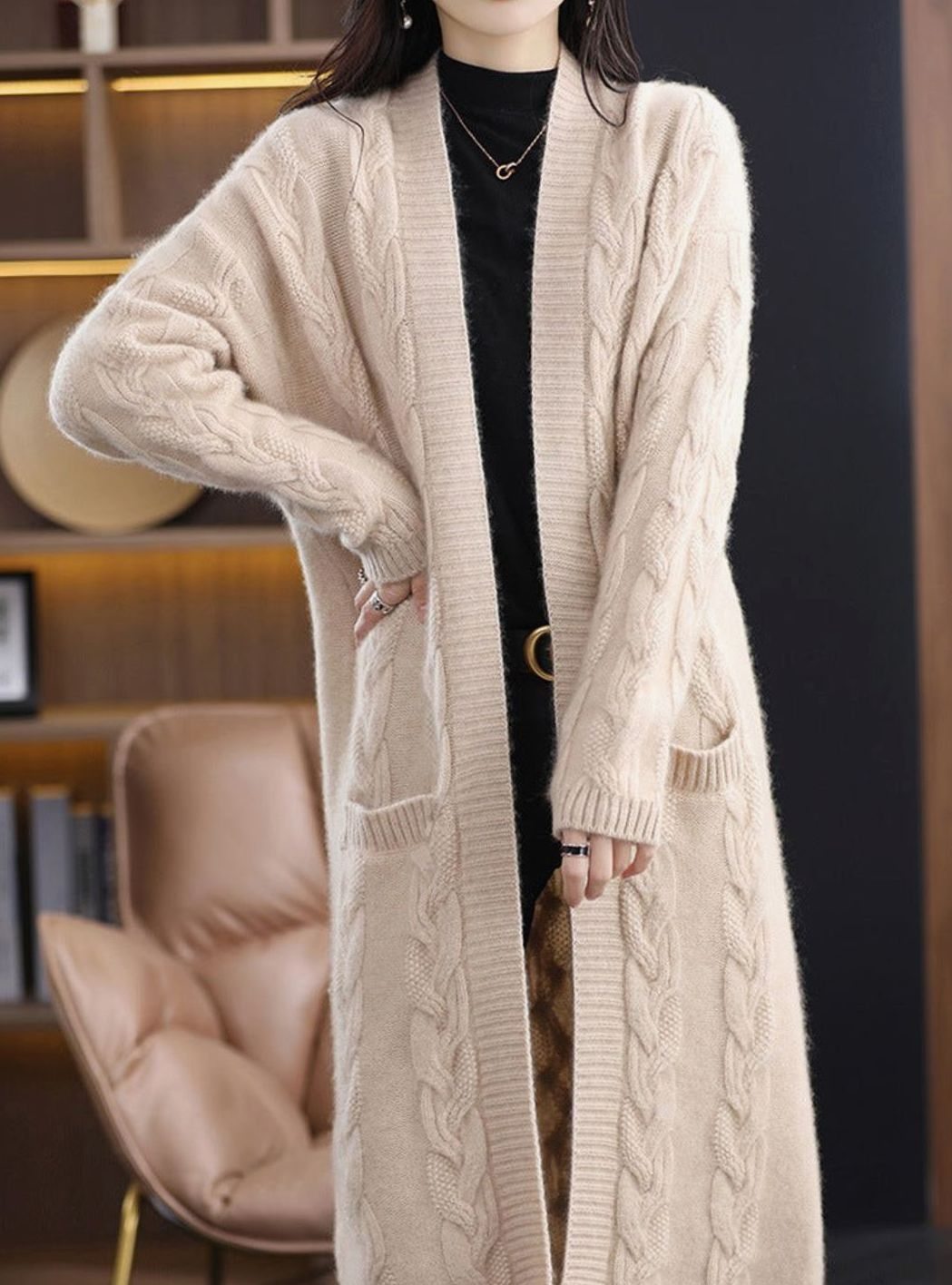 Mia | Women's Oversized Long Open-Front Striped Knit Cardigan